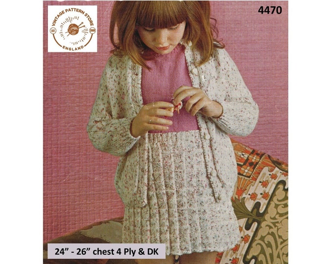 Girls 70s vintage 4 ply round neck sweater jumper & DK raglan cardigan skirt pdf knitting pattern 24" to 26" Instant PDF Download 4470