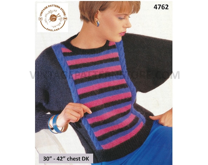 Ladies Womens 90s DK round neck striped twist cable cabled batwing sweater jumper pdf knitting pattern 30" to 42" Instant PDF Download 4762