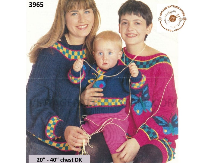 Ladies Womens Girls Baby Babies 90s round neck fair isle & butterfly intarsia sweater jumper pdf knitting pattern 20" to 40" Download 3965