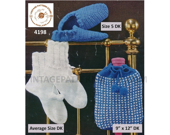 Ladies Womens 60s vintage DK size 5 slippers & lacy adult bedsocks and hot water bottle cover pdf knitting crochet pattern Download 4198