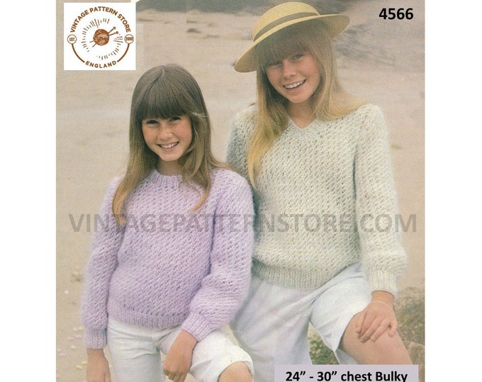 Girls beginners fun quick and easy to knit V or round neck bulky knit raglan sweater jumper pdf knitting pattern 24" to 30" Download 4566