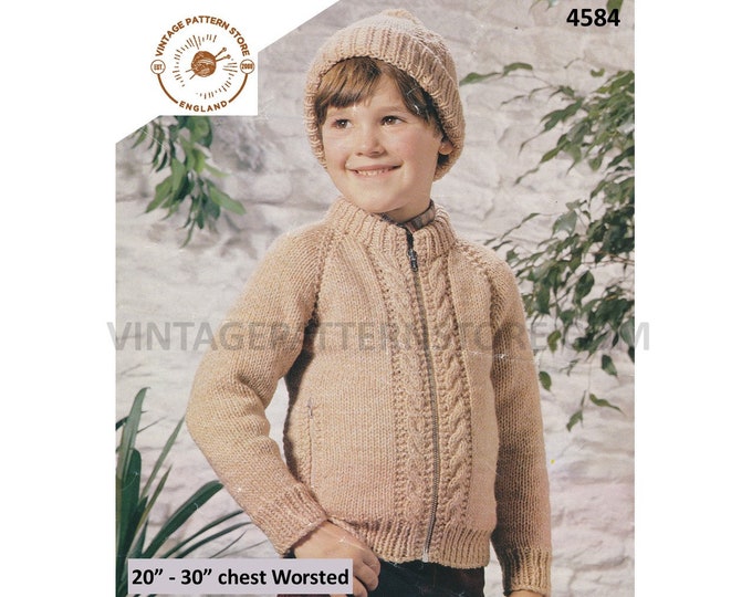 Boys Toddlers 80s vintage crew neck cable panel cabled worsted raglan jacket and toque hat pdf knitting pattern 20" to 30" Download 4584