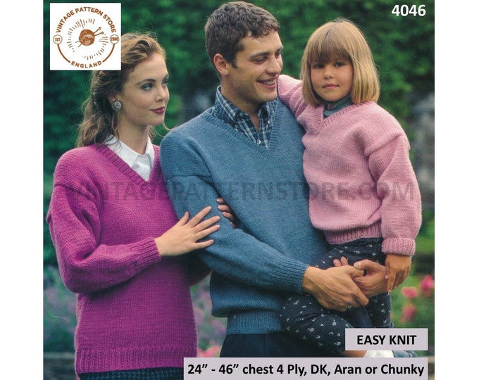 Family 4 ply DK aran or chunky quick simple & easy to knit V neck drop shoulder dolman sweater pdf knitting pattern 24" to 46" download 4046