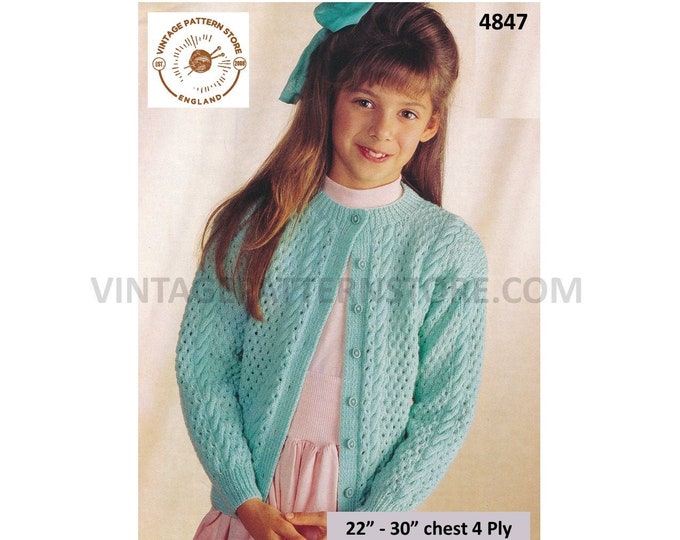 Girls 90s 4 ply round neck cabled twist cable and lace lacy raglan cardigan pdf knitting pattern 22" to 30" Instant PDF Download 4847