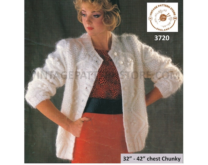 Ladies Womens 80s vintage round neck drop shoulder cable cabled chunky knit dolman cardigan pdf knitting pattern 32" to 42" Download 3720