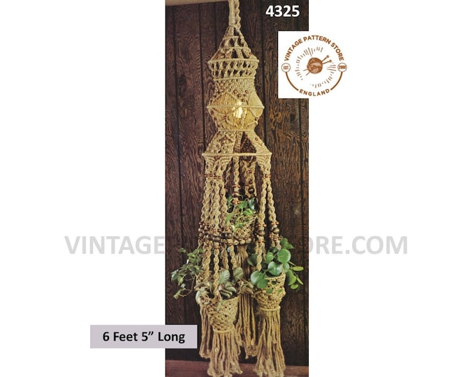 70s vintage multiple pot macrame plant hanger with optional overhead light pdf macrame pattern 6 foot 5" long Instant PDF Download 4325