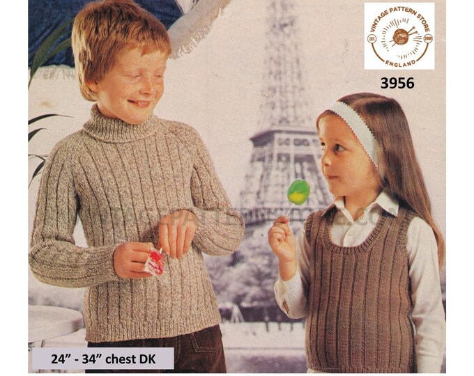 Girls Boys 70s wide ribbed turtleneck raglan DK sweater & scoop neck slipover tank top pdf knitting pattern 24" to 34" PDF download 3956