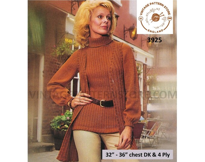Ladies Womens 70s vintage 4 ply polo neck rib ribbed raglan sweater jumper & DK waistcoat pdf knitting pattern 32" to 36" PDF download 3925