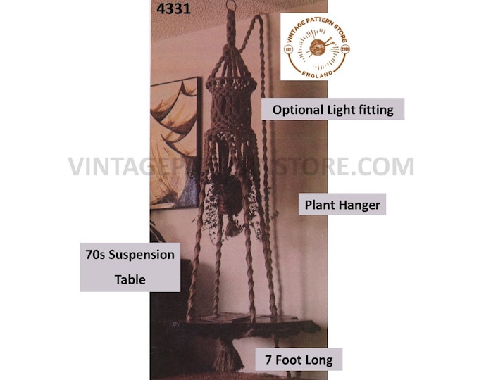 70s vintage macrame suspension coffee table with plant hanger and optional overhead lighting pdf macrame pattern 7 foot long Download 4331