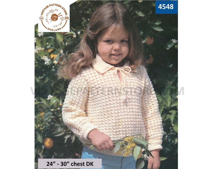 Girls 80s vintage round neck collared tie neck textured DK raglan sweater jumper pdf knitting pattern 24" to 30" chest Instant Download 4548