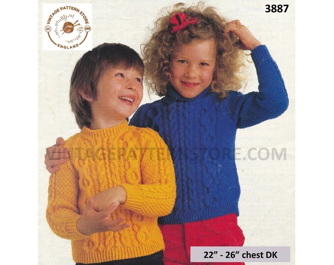 Girls Boys 90s crew or polo neck cabled cable & texture raglan DK sweater jumper pullover pdf knitting pattern 22" to 26" PDF download 3887