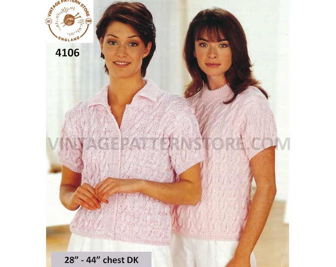 Ladies Womens 90s short raglan sleeve cable cabled round neck DK sweater jumper & cardigan pdf knitting pattern 28" to 44" download 4106