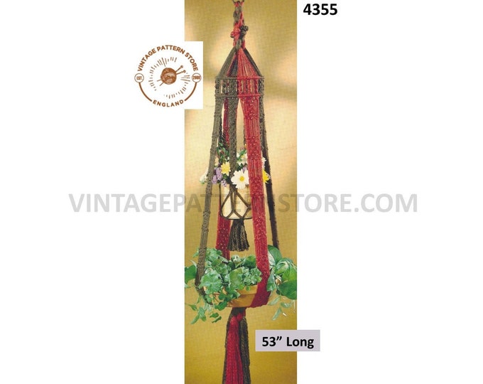 70s vintage dual double macrame plant hanger pdf macrame pattern, 70s vintage retro indoor garden gardening 53" long Instant Download 4355