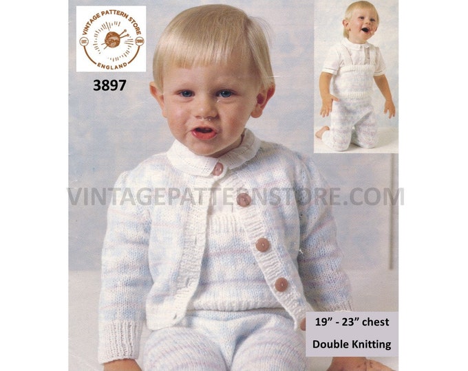 Baby Babies Toddlers 90s easy to knit round neck DK raglan cardigan & dungarees pull ups pdf knitting pattern 19" to 23" PDF download 3897