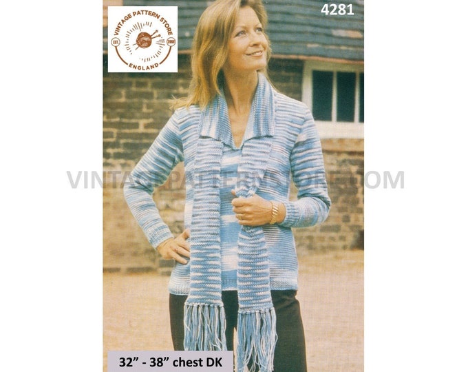 Ladies Womens 70s vintage easy to knit DK V neck collared raglan sweater jumper fringed scarf pdf knitting pattern 32" to 38" Download 4281