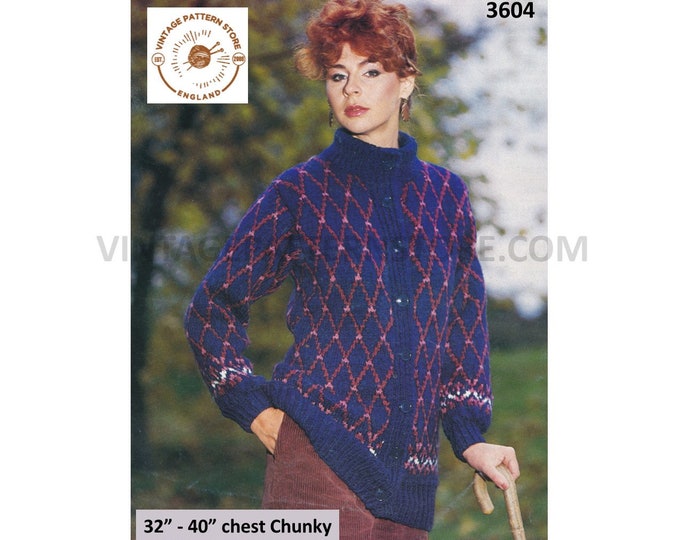 Ladies Womens 80s crew neck diamond intarsia chunky knit colourwork raglan cardigan jacket pdf knitting pattern 32" to 40" PDF download 3604