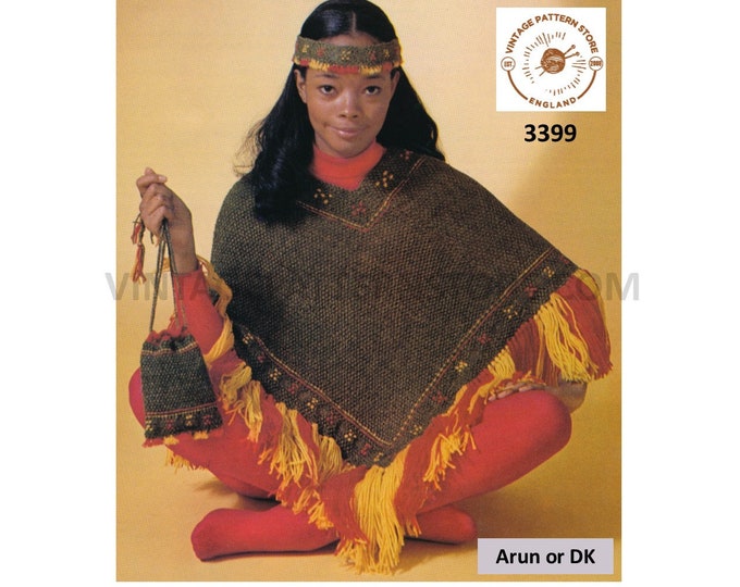 Ladies Womens 60s vintage aran or DK Serapi North African poncho headband and pouch bag pdf knitting pattern Instant PDF Download 3399