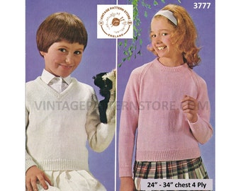 Girls 70s plain and simple easy to knit V or round neck 4 ply raglan sweater jumper pdf knitting pattern 24" to 34" Chest PDF download 3777