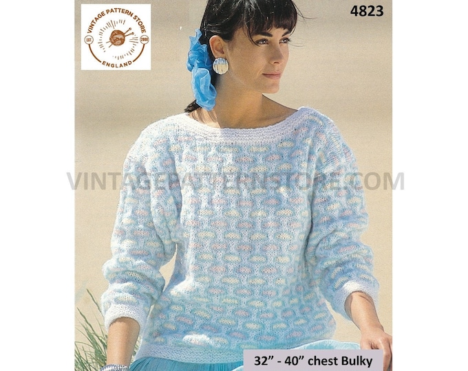 Ladies Womens 90s bulky knit boat neck multi coloured drop shoulder dolman sweater jumper pdf knitting pattern 32" to 40" Download 4822