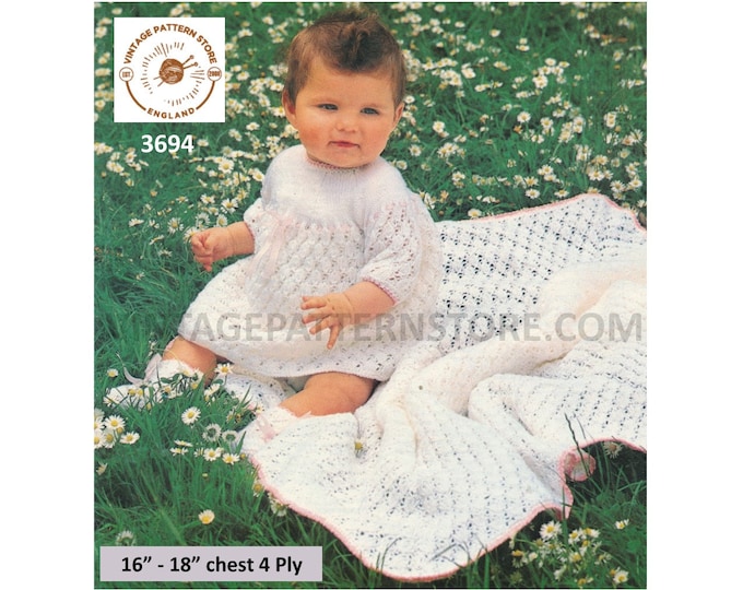 Baby Babies 4 ply lacy layette pram set with dress cardigan bonnet bootees mittens and shawl pdf knitting pattern 16" to 18" Download 3694