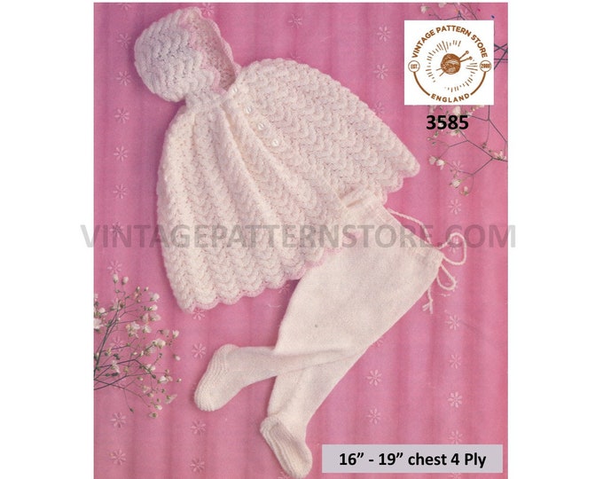 Baby Babies 80s vintage DK lacy hooded button up shawl cape and easy to knit leggings pdf knitting pattern 16" to 19" chest Download 3585