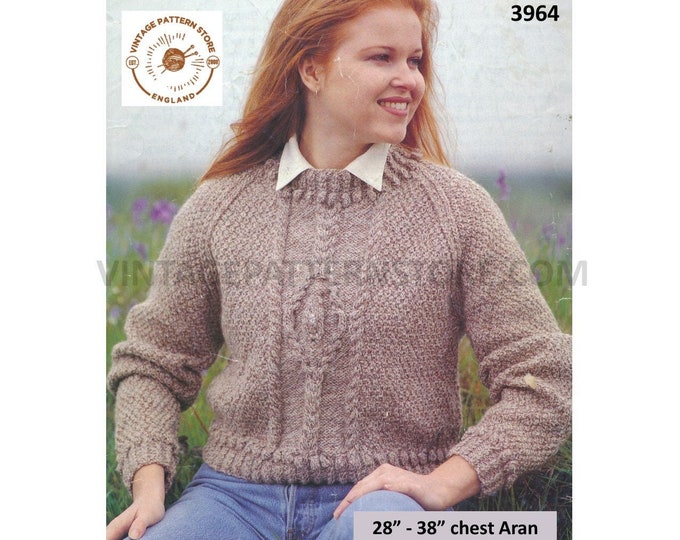 Ladies Womens Girls 90s round neck cable panel cabled raglan aran sweater jumper pullover pdf knitting pattern 28" to 38" PDF download 3964