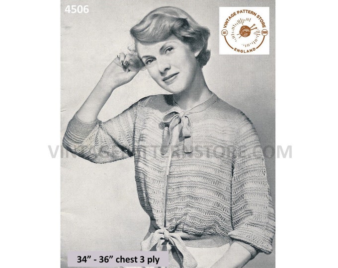 Ladies Womens 30s 3 ply round neck ridge cable cabled garter stitch bedjacket bed jacket pdf knitting pattern 34" to 36" Bust Download 4506