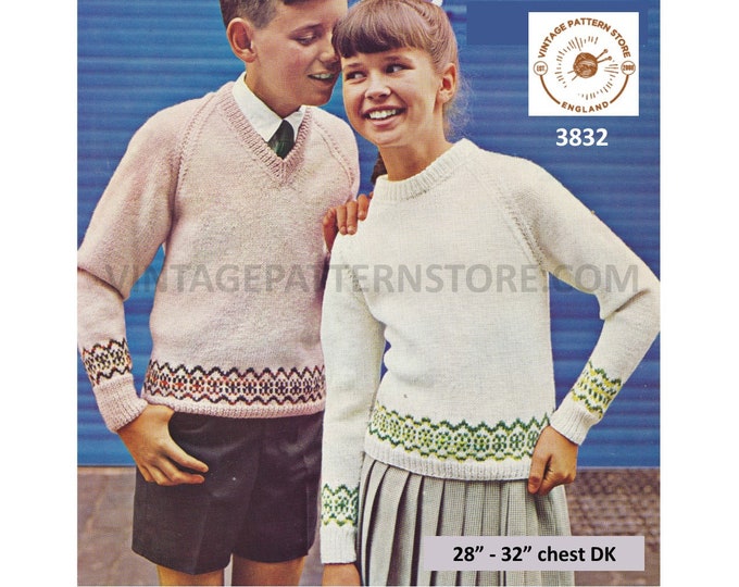 Girls Boys 70s vintage easy to knit V or round neck fair isle banded DK raglan sweater jumper pdf knitting pattern 28" to 32" Download 3832