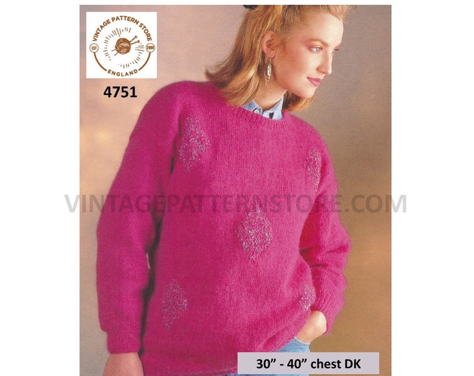 Womens 90s DK quick and easy to knit diamond intarsia drop shoulder raglan sweater jumper pdf knitting pattern 30" to 40" Download 4751