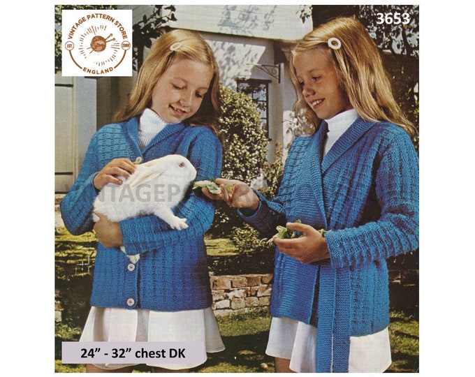 Girls 70s V neck shawl collar crossover double breasted DK jacket & matching cardigan jacket pdf knitting pattern 24" to 32" Download 3653