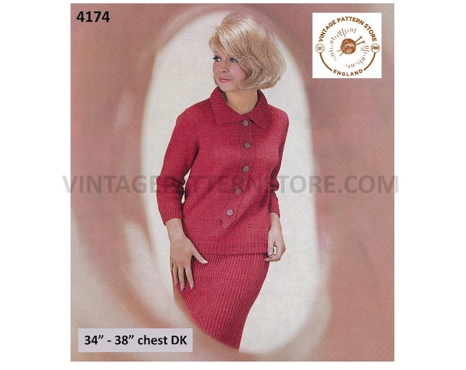 Ladies Womens 60s DK mock cardigan sweater jumper and long line skirt pdf knitting pattern 34" to 38" bust 36" to 40" hips  Download 4174