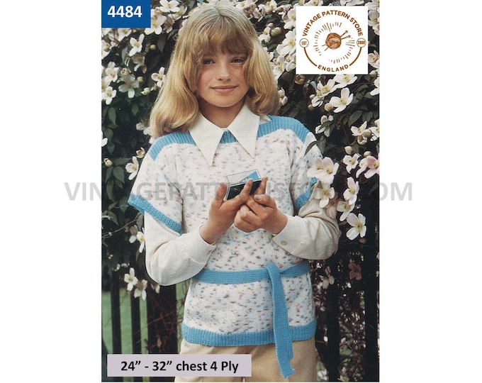 Girls 70s vintage 4 ply slash neck short sleeve 2 colour belted Summer sweater jumper pdf knitting pattern 24" to 32" Instant Download 4484
