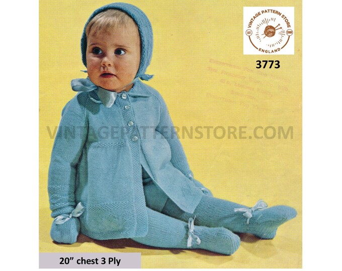 Baby Babies 70s vintage 3 ply pram set matinee coat jacket bonnet leggings and mittens pdf knitting pattern 20" Chest Instant download 3773