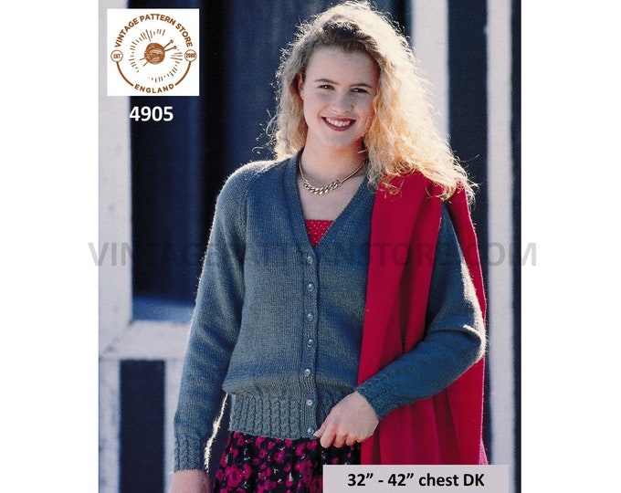 Ladies Womens 90s DK V neck cabled cable welt cuffs raglan cardigan pdf knitting pattern 32" to 42" Instant Download 4905