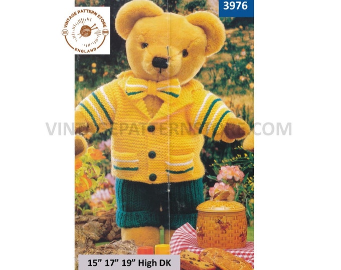 90s 15" 17" 19" high DK Teddy Bear dolls clothes picnic suit trousers jacket and bow tie pdf knitting pattern instant PDF download 3976