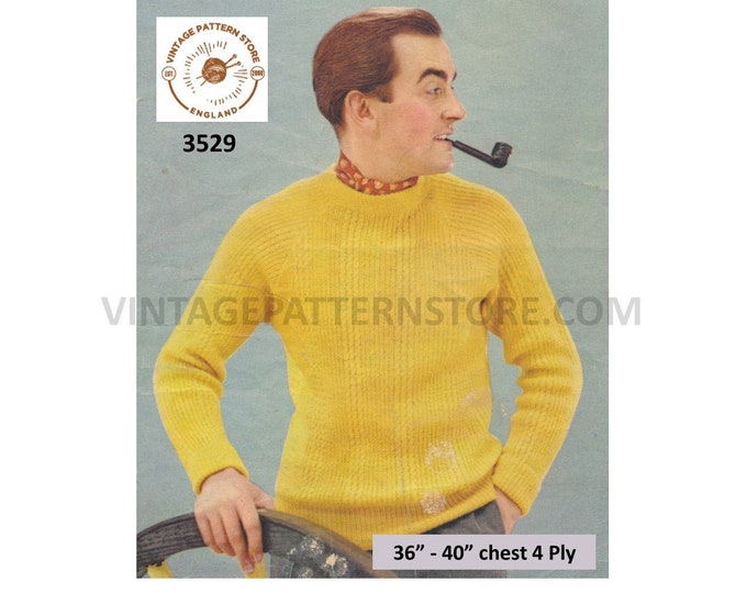 Mens Mans 50s vintage 4 ply crew neck cabled cable & rib ribbed raglan sweater jumper pullover pdf knitting pattern 36" to 40" Download 3529