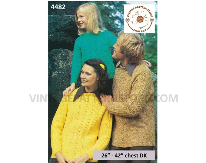 Womens Mens Girls Boys 70s Family DK crew neck cabled & texture panel raglan sweater jumper pdf knitting pattern 26" to 42" Download 4482