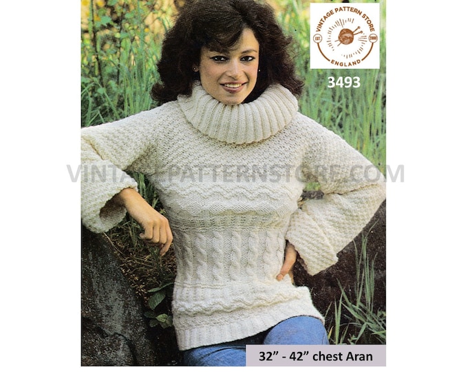 Ladies Womens 90s cowl neck cabled cable & texture panel aran dolman sweater jumper pdf knitting pattern 32" to 42" chest PDF download 3493