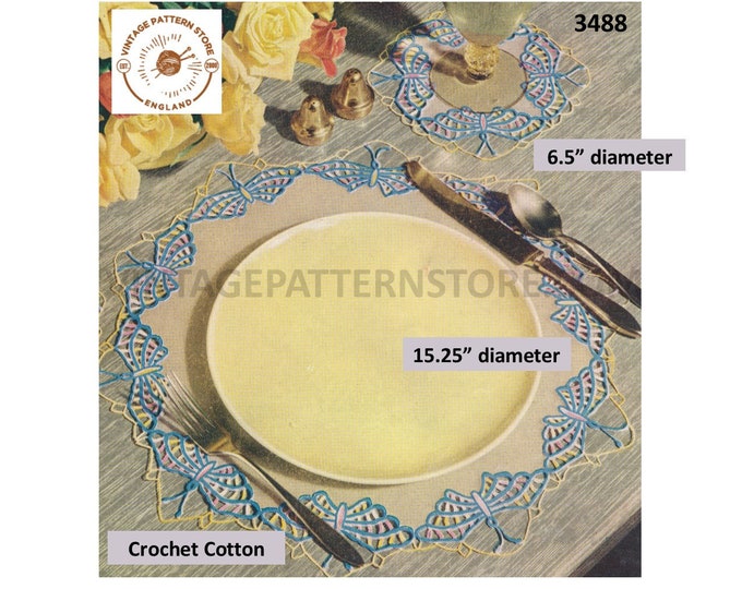50s vintage butterflies butterfly doily doilies place mats dining and lunch set pdf crochet pattern crochet cotton No70 PDF Download 3488