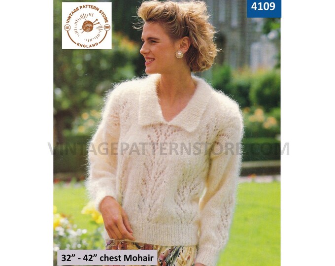 Ladies Womens 90s eyelet lace panel V neck collared drop shoulder lacy mohair sweater jumper pdf knitting pattern 32" to 42" download 4109