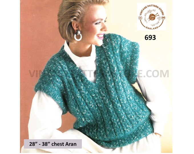 Ladies Womens 90s V neck cap sleeve rib ribbed aran or worsted slipover sweater vest pdf knitting pattern 28" to 38" Instant download 693