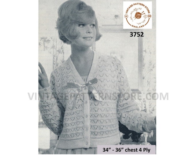 Ladies Womens 50s vintage V neck chevron eyelet lace lacy ribbon tie 4 ply raglan bed jacket pdf knitting pattern 34" to 36" Download 3752