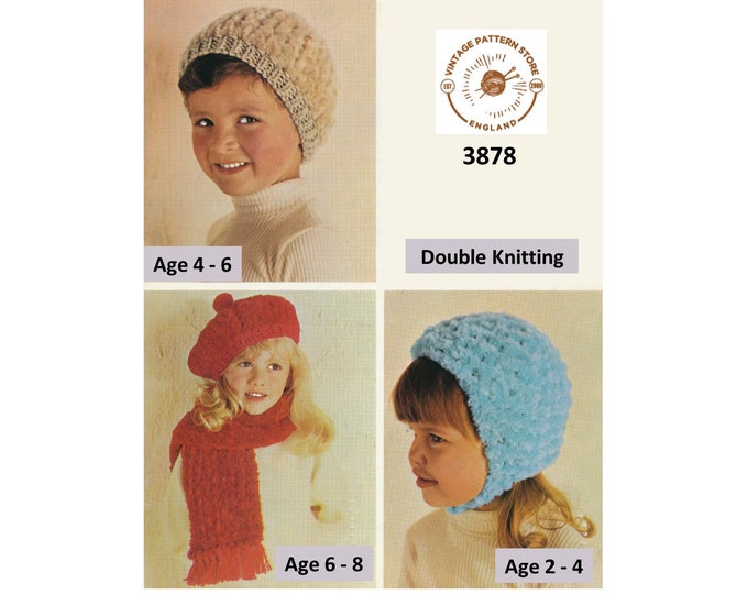 Girls Toddlers 80s vintage easy to knit DK bonnet beret cap and scarf pdf knitting pattern Ages 2 to 8 years Instant PDF download 3878