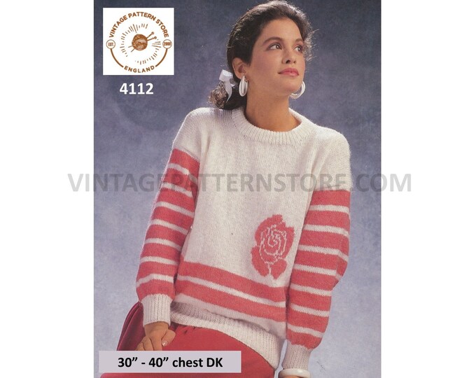 Ladies Womens round neck striped floral rose intarsia drop shoulder DK dolman sweater jumper pdf knitting pattern 30" to 40" download 4112