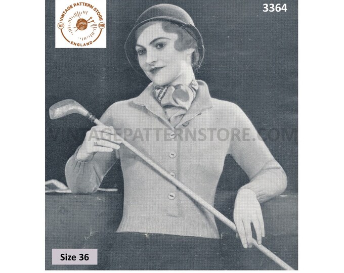 Ladies Womens 30s vintage collared mock cardigan raglan sweater jumper pdf knitting pattern 36" chest Instant PDF download 3364