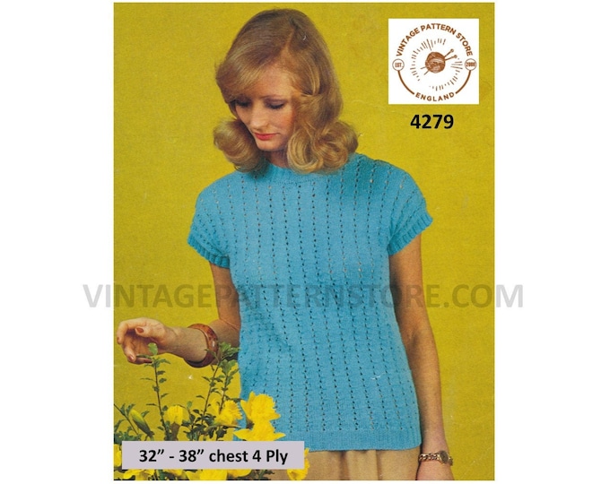 Womens 70s 4 ply round neck lacy lace striped cap sleeve slipover sweater vest summer top pdf knitting pattern 32" to 38" Download 4279