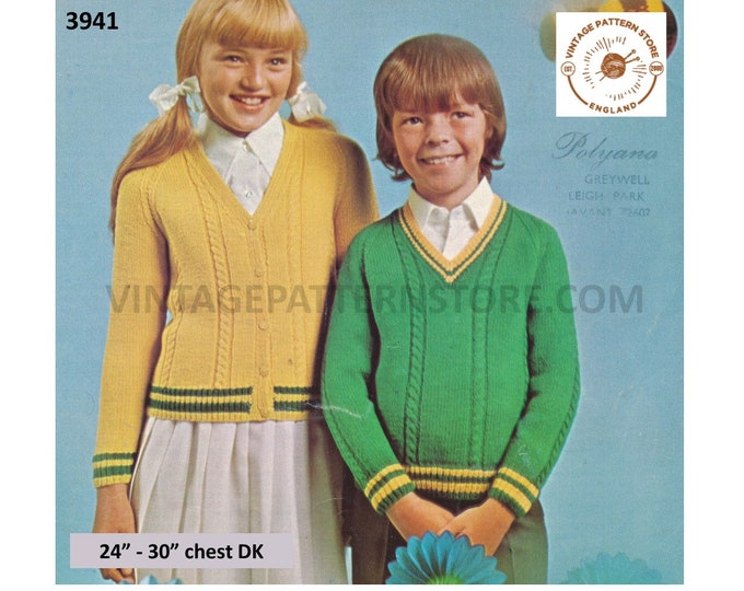 Girls Boys 70s vintage V neck cable cabled raglan cardigan and sweater jumper pdf knitting pattern 24" to 30" chest Instant download 3941