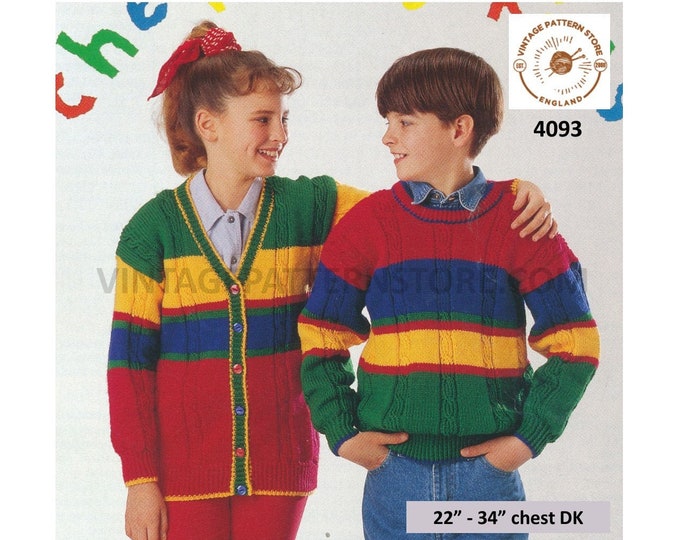 Boys Girls Toddlers 90s round neck cabled drop shoulder striped DK sweater & V neck cardigan pdf knitting pattern 22" to 34" download 4093