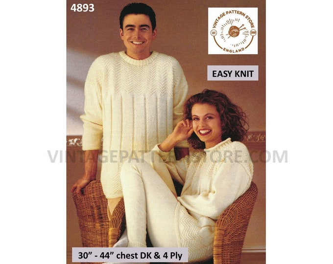 Mens Womens 90s DK roll or round neck textured sweater jumper & 4 ply easy knit leggings pdf knitting pattern 30" to 44" PDF Download 4893