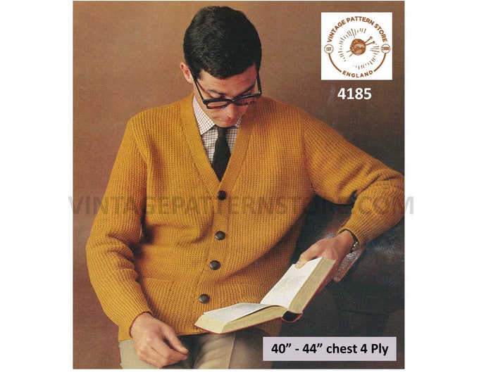 Mens Mans 60s vintage 4 ply V neck simple and easy to knit raglan cardigan pdf knitting pattern 40" to 44" chest Instant Download 4185